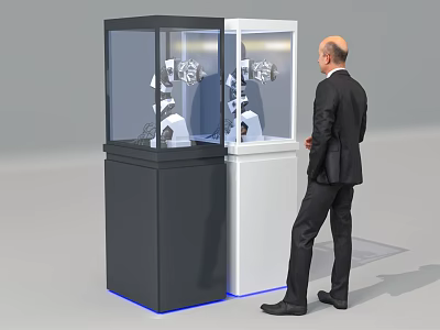 Businessman Observes Modern Commercial Equipment In Display Cabinets With Robotic Arms 3d model