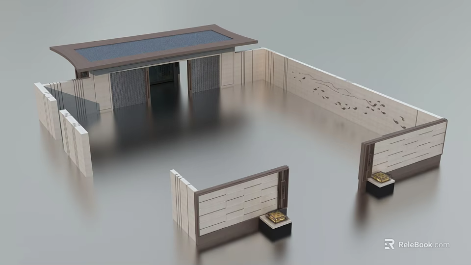 Modern Entrance Gate Design With Overhanging Roof And Decorative Hollow-out Walls And Smooth Floor 3d model 