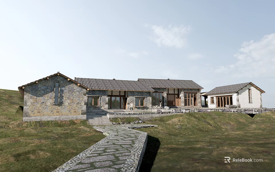 Traditional Rural Self Built House Design With Tiled Roof Stone Walls And Stone Path 3d model 