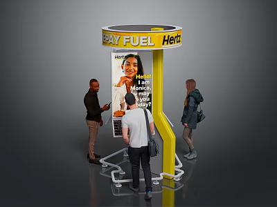 Yellow Easy Fuel Here Display Kiosk with People Interacting Around and Advertisement Poster On It 3d model