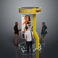 Yellow Easy Fuel Here Display Kiosk with People Interacting Around and Advertisement Poster On It