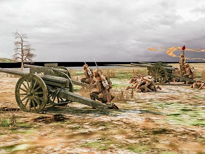 Cartoon Battlefield Scene Featuring Soldiers Cannons Flags Dead Tree And Cloudy Sky 3d model