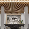 Front Desk Reception Modern Interior Wooden Ceiling Large Window Green View Black Desk Reflective Floor