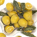 Fresh Ripe Lemons in White Shell Shaped Bowl with Green Leaves and Sliced Pieces