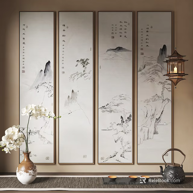Four Traditional Chinese Landscape Scroll Paintings With Mountains Water Trees And Orchid Lantern Teapot 3d model 