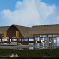 Thatched Cottage With Straw Roof By Water Lotus Flowers Wooden Structure And Red Decorations