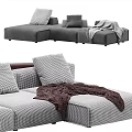 Modern Fabric Upholstered Sectional Sofa in Beige and Gray with Soft Pillows and Throw Blanket