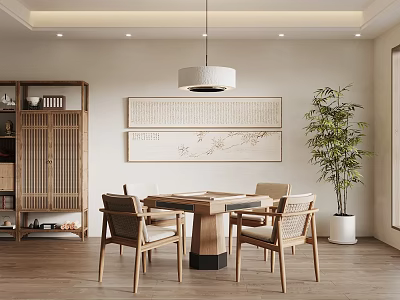 Chinese Style Hotel Mahjong Room Interior With Wooden Furniture Mahjong Table Chairs And Wall Paintings 3d model