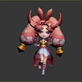 Cute 3D Cartoon Character With Pink Hair Red Horns White Dress And Golden Bells