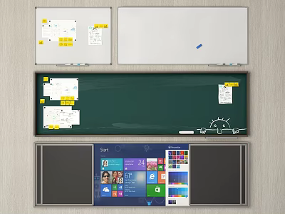 Whiteboards Green Chalkboard And Digital Whiteboard With Sticky Notes Icons And Interface 3d model