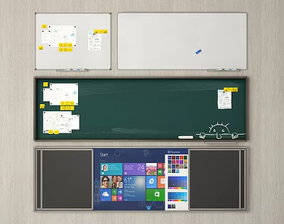 Whiteboards Green Chalkboard And Digital Whiteboard With Sticky Notes Icons And Interface 3d model