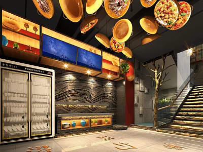 Modern Restaurant Interior With Hanging Plates Wave Wall Blue Screens And Staircase 3d model