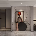 Modern Dining Living Room Interior With Marble Pillars Console Table Artwork And Sofa