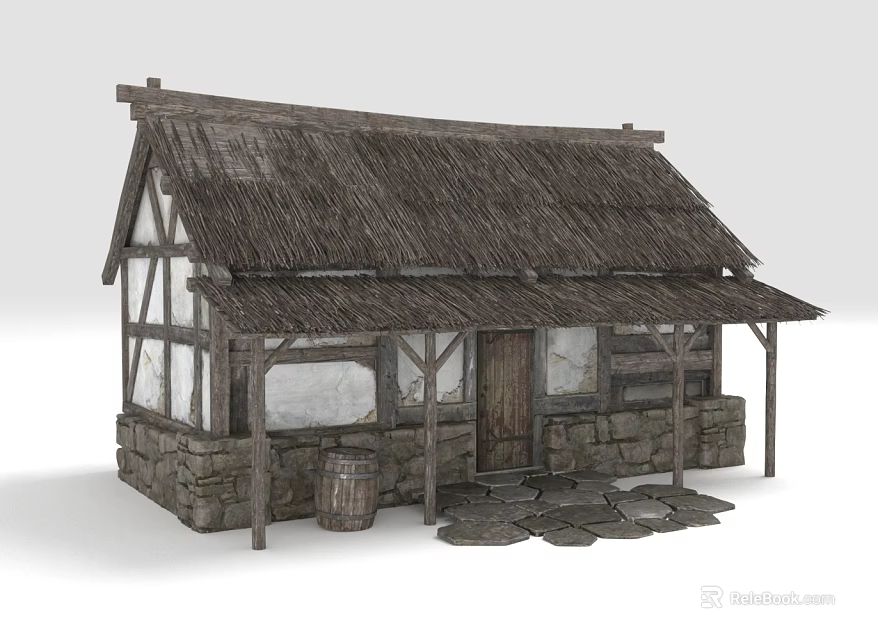 Thatch Roof Cottage With Stone Walls Wooden Frame And Stone Slabs Path 3d model 
