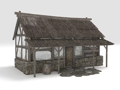Thatch Roof Cottage With Stone Walls Wooden Frame And Stone Slabs Path 3d model