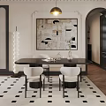 Modern Dining Table Set with Black Rectangular Table White Chairs and Abstract Art 3d model
