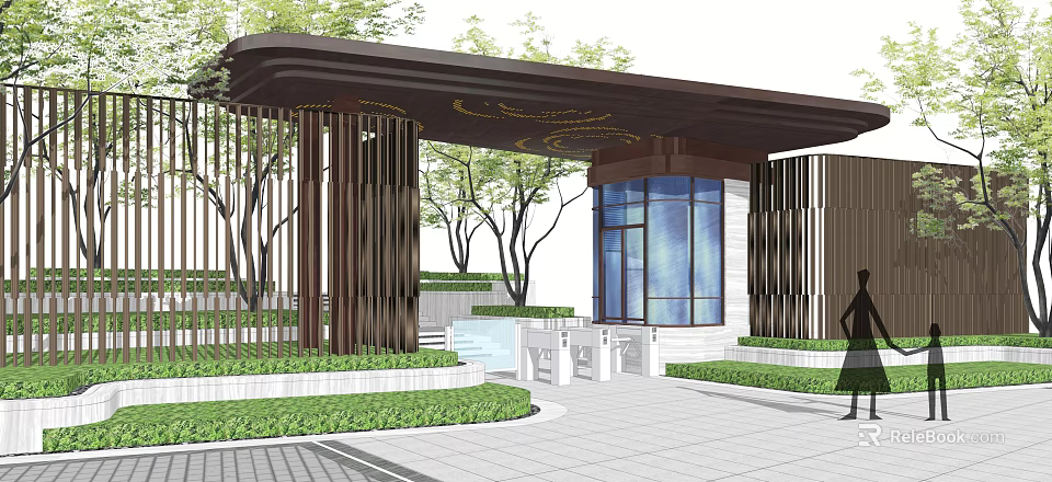 Modern Entrance Gate Design With Metal Grilles Glass Curtain Wall And Green Plants 3d model 