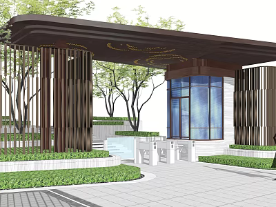 Modern Entrance Gate Design With Metal Grilles Glass Curtain Wall And Green Plants 3d model