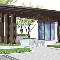 Modern Entrance Gate Design With Metal Grilles Glass Curtain Wall And Green Plants