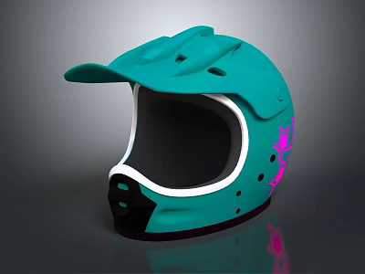 Teal Sports Helmet With Pink Graphics White Trim And Black Chin Section 3d model