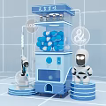 Vending Machine With Blue Cups And Robot Against Blue Tiled Wall Background 3d model