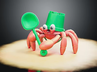 Red Toy Crab With Green Block Shaped Hat Holding Green Shovel 3d model