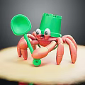 Red Toy Crab With Green Block Shaped Hat Holding Green Shovel