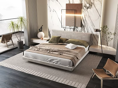 Modern Bedroom Interior With Marble Accent Wall Green Pillows Throw Blanket Plants And Accent Chairs 3d model