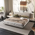 Modern Bedroom Interior With Marble Accent Wall Green Pillows Throw Blanket Plants And Accent Chairs