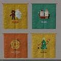 Colorful Decorative Banners With Cartoon Characters And Themed Labels For Holiday Decor