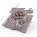 Industrial Metal Platform Structure Featuring Multi Level Plates Pipes And Storage Tanks