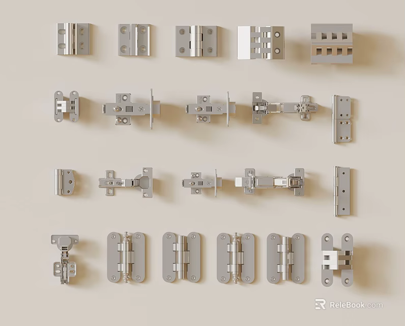 Assorted Metal Hinges And Furniture Hardware Components On White Background 3d model