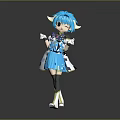 Anime Style Game Movie Character With Blue Hair Horns Bow And Blue White Dress