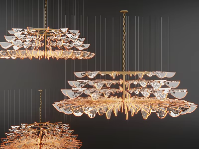 Modern Artistic Chandeliers with Multi Layer Golden Metal Frame Transparent Crystal Shades and Warm Light 3d model