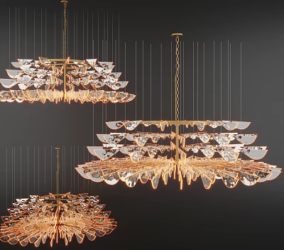Modern Artistic Chandeliers with Multi Layer Golden Metal Frame Transparent Crystal Shades and Warm Light 3d model