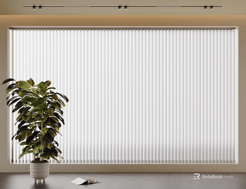 White Venetian Blinds in Modern Room Interior With Green Plant And Book On Floor 3d model 