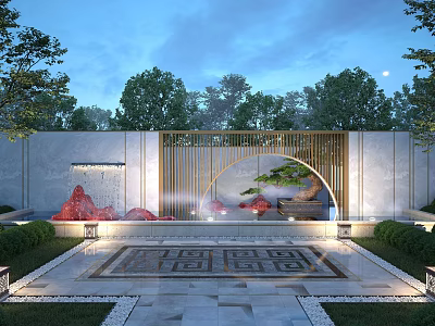 Chinese Style Garden Wall With Rockery Water Feature Circular Archway And Green Plants 3d model