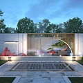 Chinese Style Garden Wall With Rockery Water Feature Circular Archway And Green Plants