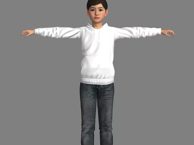 Man Wearing White Hoodie and Jeans with Arms Outstretched Against Gray Background 3d model