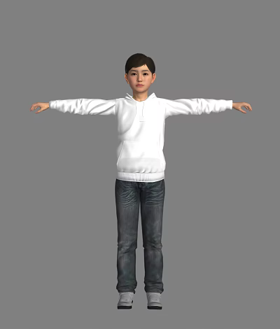 Man Wearing White Hoodie and Jeans with Arms Outstretched Against Gray Background 3d model