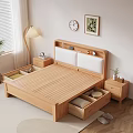 Natural Style Wooden Double Bed With Green Pillows Quilt Nightstand Floor Lamp And Wall Decor