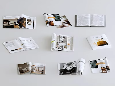 Multiple Open Magazines Showcasing Photos Text And Stylish Page Layouts On Clean White Background 3d model