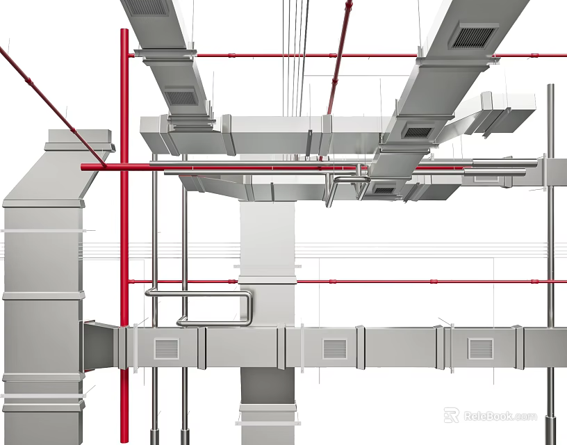 Industrial Building Ceiling Piping System With Metal Pipes And Structural Framework 3d model 