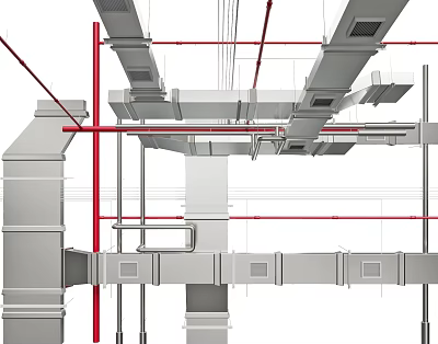 Industrial Building Ceiling Piping System With Metal Pipes And Structural Framework 3d model