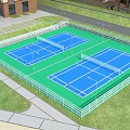 Outdoor Sports Facility With Two Tennis Courts Green Grass And Playground Area