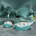Light Green Lounge Area Interior With Wavy Ceiling Round Tables Green Chairs And Plants