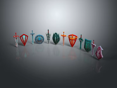 Various Colorful Decorative Weapons With Different Types Swords Shields And Ornate Designs 3d model