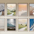 Abstract Paintings Featuring Natural Landscapes Mountains Rivers Beaches And Fields In Framed Artworks On Wall