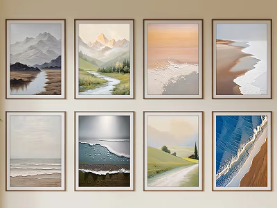 Abstract Paintings Featuring Natural Landscapes Mountains Rivers Beaches And Fields In Framed Artworks On Wall 3d model