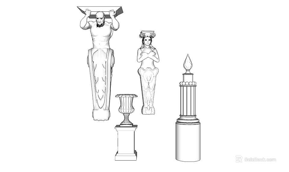 Classical Column Capitals With Human Figurine Carvings And Diverse Ornate Designs 3d model 